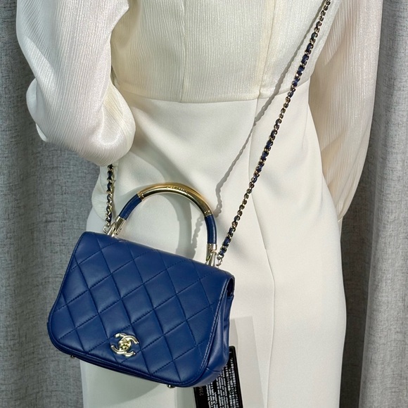 CHANEL Blue Quilted Top Handle Flap Bag GHW - Picture 13 of 16